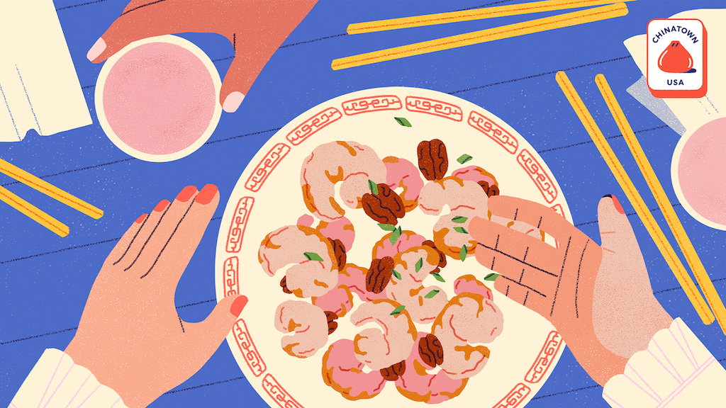 Illustration of a plate of honey walnut shrimp, with a few hands on a blue table, one holding a cup of tea. There are yellow chopsticks and a logo that says, "Chinatown USA"